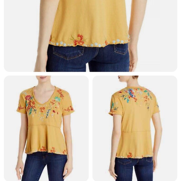 NEW • Johnny Was • Ariel Embroidered High/Low Swing Cotton Tee Top,Marigold, S - Picture 3 of 3
